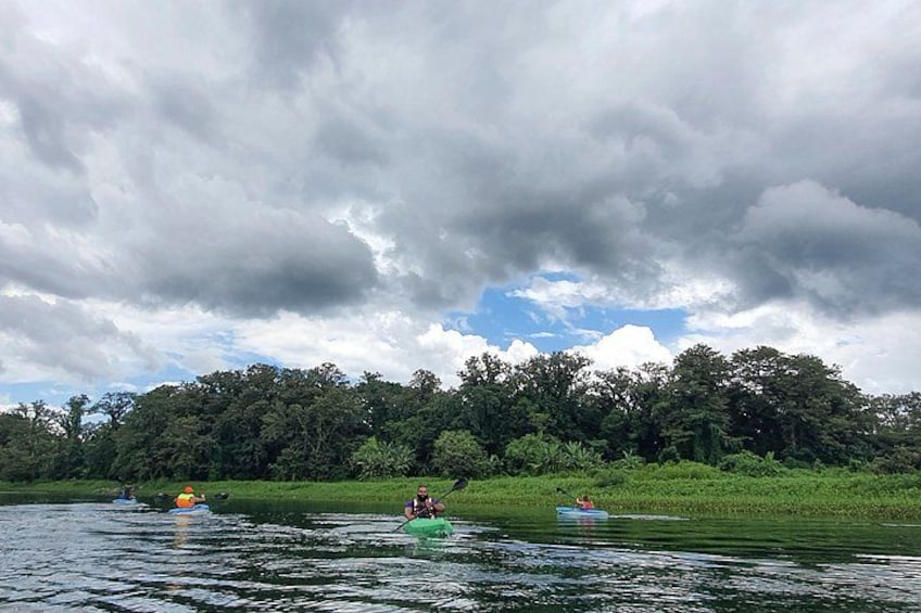 Three kayaks on a calm river with dense forest in the background. 3
