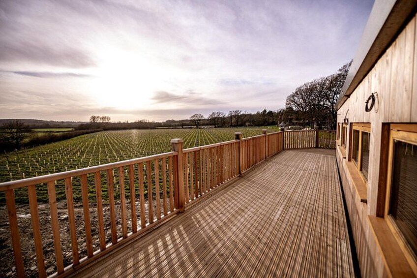 A wooden deck overlooking a field of crops. 3