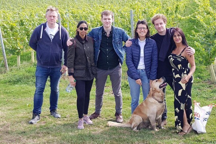 Un grupo de personas en un viñedo, acompañada por un perro. 2