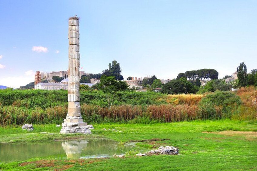 Une haute colonne antique se dresse dans un champ verdoyant, avec un étang et un château en arrière-plan. 2