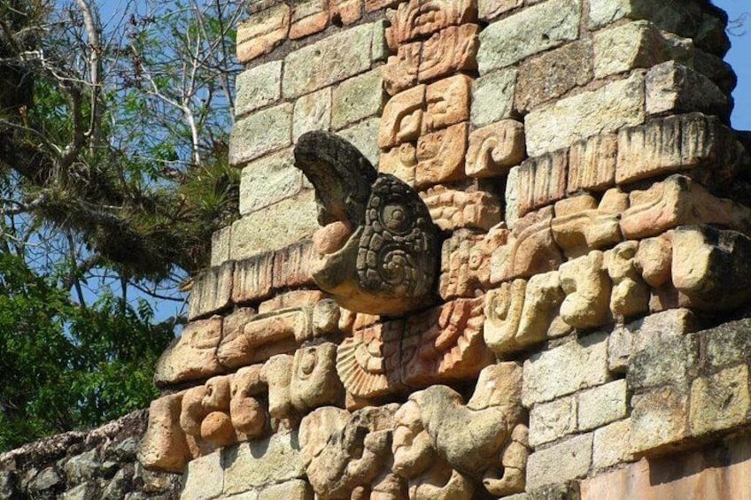 A stone wall with ancient carvings, including a prominent eagle head and other intricate designs. 2
