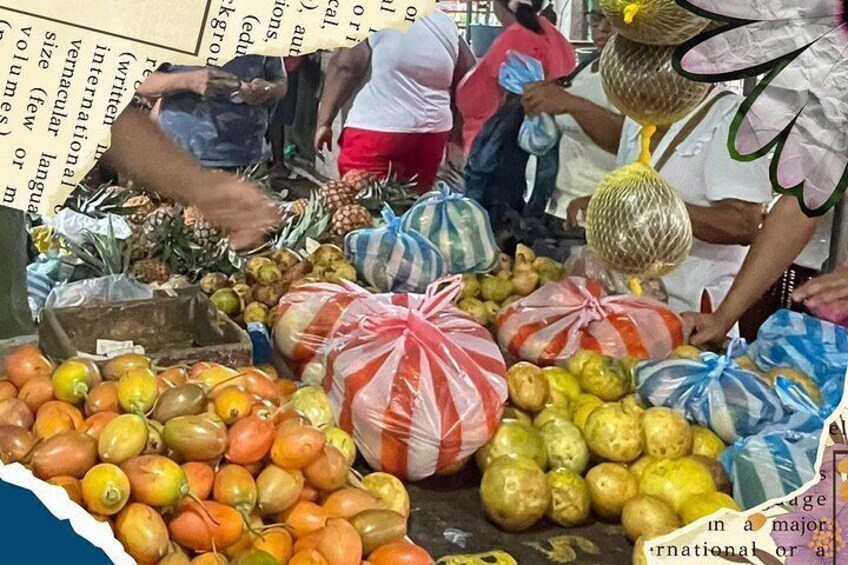 A market with various fruits and vegetables displayed in bags. 2