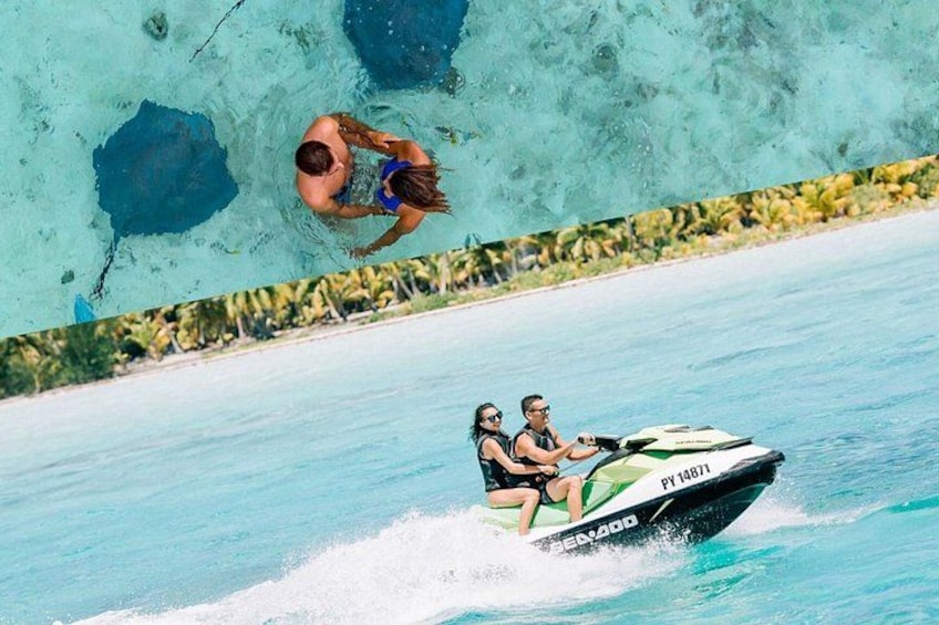 Una persona buceando en una piscina azul cristalina, un jet ski con dos pasajeros, y una playa tropical con palmeras. 1