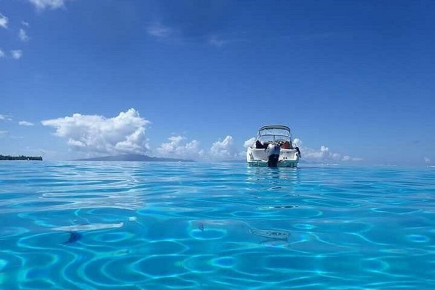 A boat on calm turquoise water with a clear sky and distant land. 2