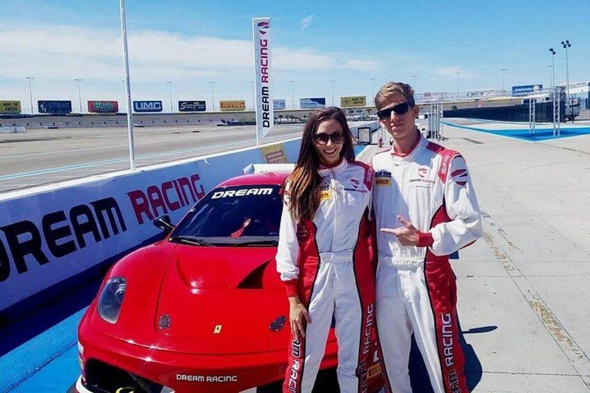 A red sports car, two people in racing suits, and a 'Dream Racing' banner. 4