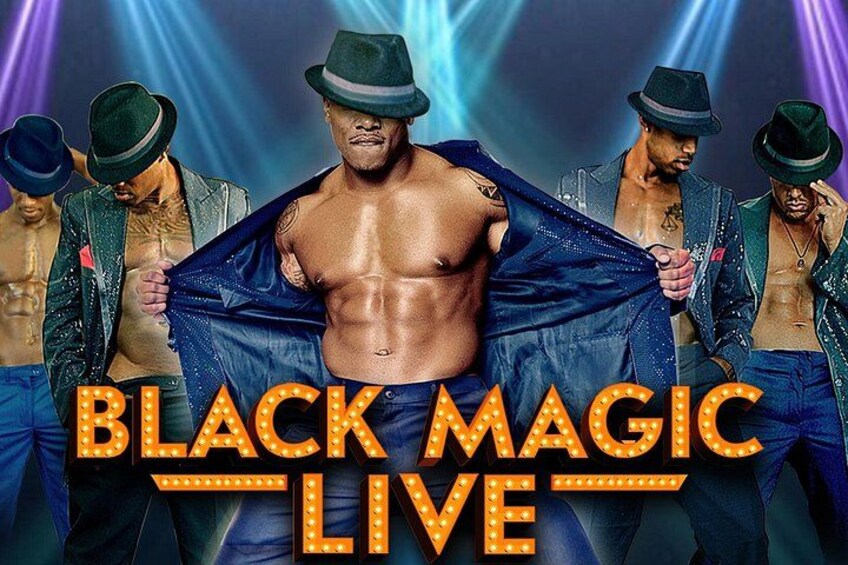 Un poster promozionale per BLACK MAGIC LIVE con una figura centrale che tiene una giacca blu e quattro altre figure sullo sfondo. 1