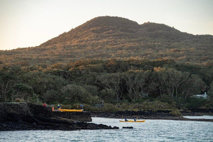 A coastal landscape with a rocky shore, a yellow kayak on the water, and a hill with dense vegetation in the background. 3