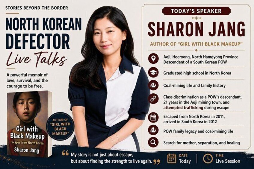 A book cover titled 'North Korean Defector Live Talks' with a woman speaking. 3