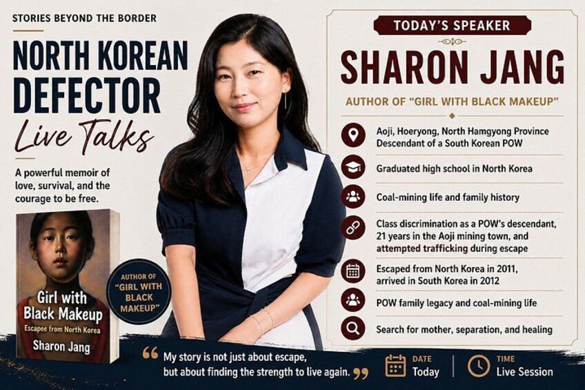 Buchcover mit einer Frau, betitelt 'Nordkoreanischer Defektant berichtet aus dem Leben', und erwähnt Sharon Jang als Rednerin. 2