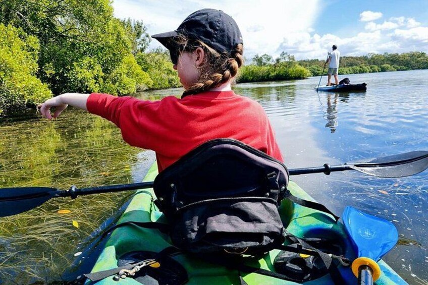 Una persona en kayak en un río tranquilo, señalando hacia el agua. 2
