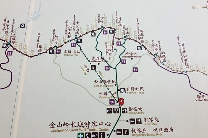 A map of Jinshanling Great Wall Tourist Center with various points of interest and routes marked. 3