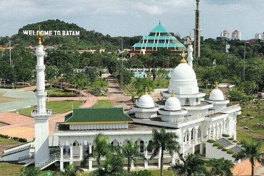 A mosque with multiple domes and a minaret, surrounded by greenery and a sports field. 2
