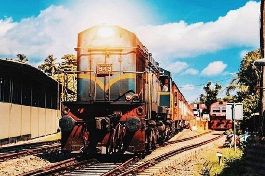 A train on tracks with a number plate 843, surrounded by greenery and clear skies. 4