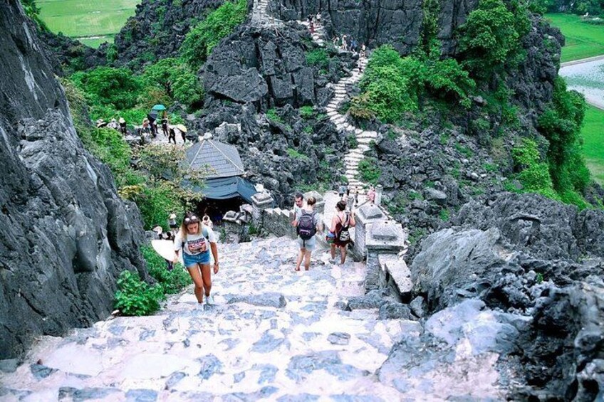 A group of people hiking up a rocky path surrounded by lush greenery. 3