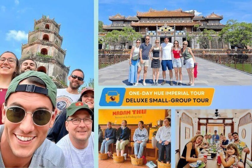 A group tour at Hue Imperial City, including a temple and a dining area. 1