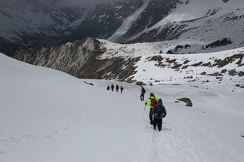 A group of hikers on a snowy mountain trail with rocky terrain and snow-covered peaks in the background. 4