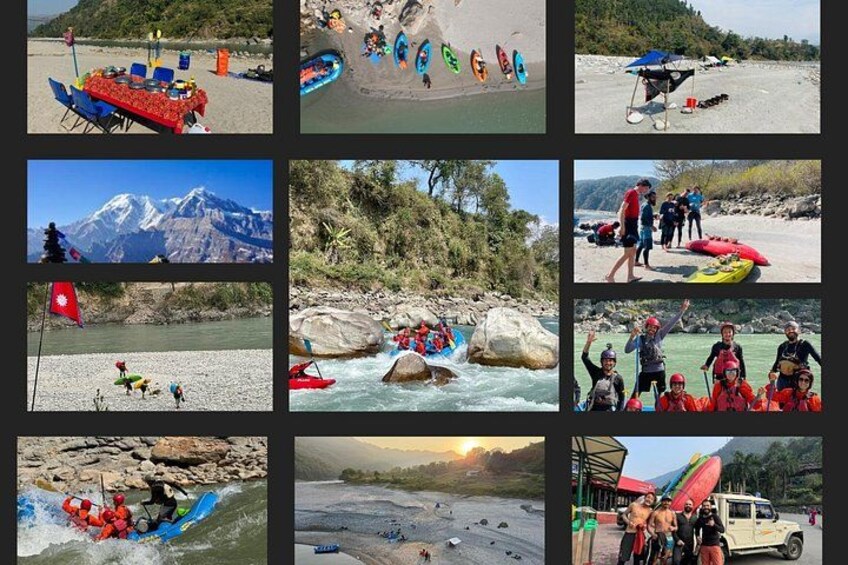 A table with chairs, a beach with kayaks, a mountain, a river, and people in a raft. 1