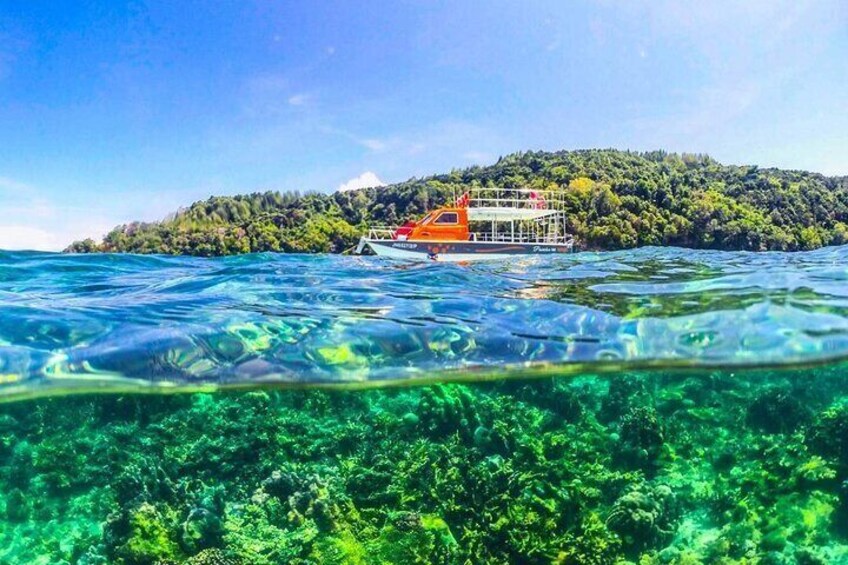 A boat on clear turquoise water with a forested island in the background. 1