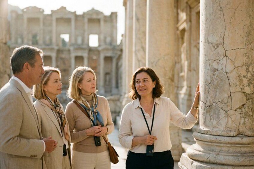 Un groupe de personnes se tient devant des ruines antiques, ornées de colonnes. 1