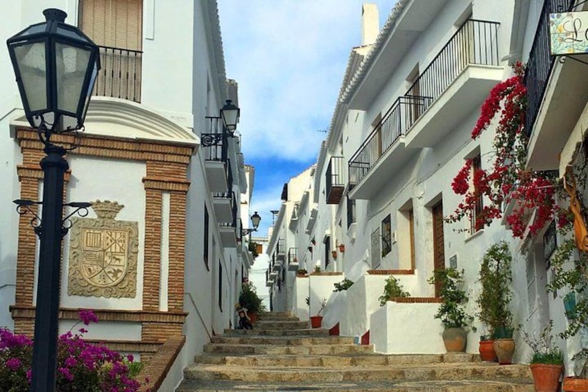 Une rue étroite bordée de bâtiments blancs, un lampadaire noir et des fleurs rouges. 1