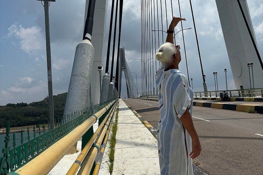 A person standing on a bridge with a railing, looking at the structure. 2