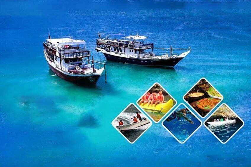 Two boats on turquoise water, a clear sky, and four inset images of activities. 4