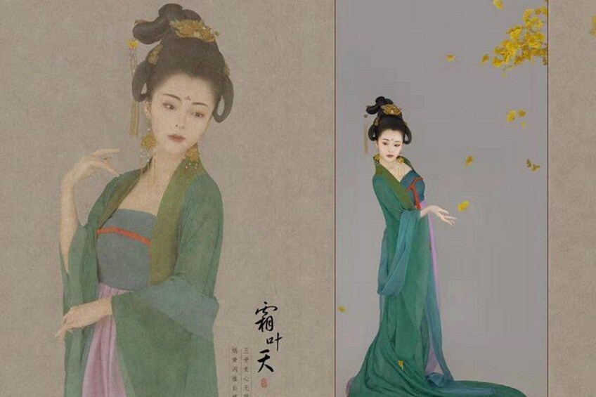 A person in traditional attire with a green robe and a purple sash, standing against a plain background with some yellow flowers. 4