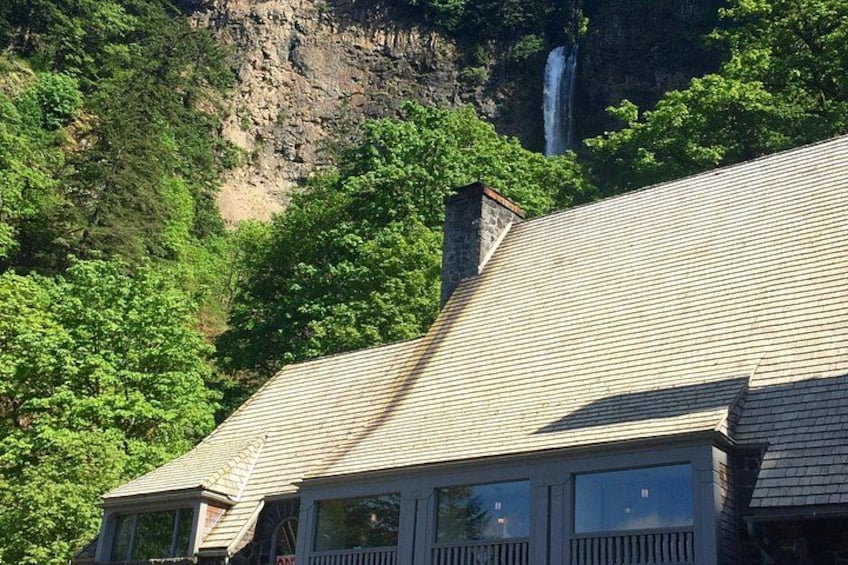 A house with a steep roof, a chimney, and a large window. In the background, there is a waterfall and dense green foliage. 5