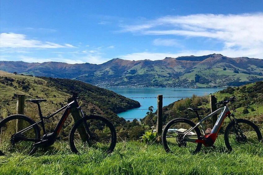 Twee fietsen staan geparkeerd op een grasheuvel met uitzicht op een meer en bergen. 2