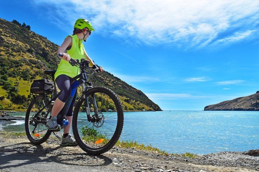 A person riding a mountain bike near a lake with hills in the background. 2