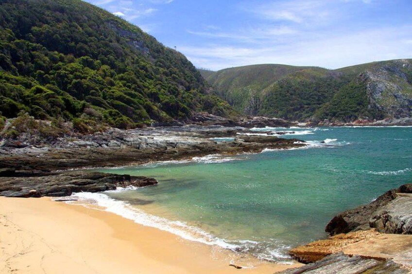 Un paisaje costero con playa arenosa, costa rocosa y colinas verdes. 4