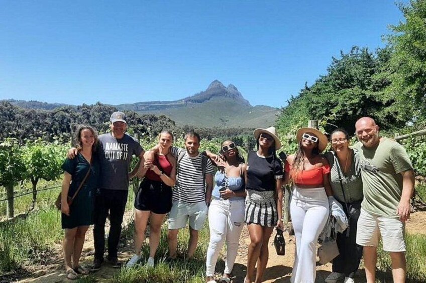 A group of people standing in a vineyard with a mountain in the background. 4