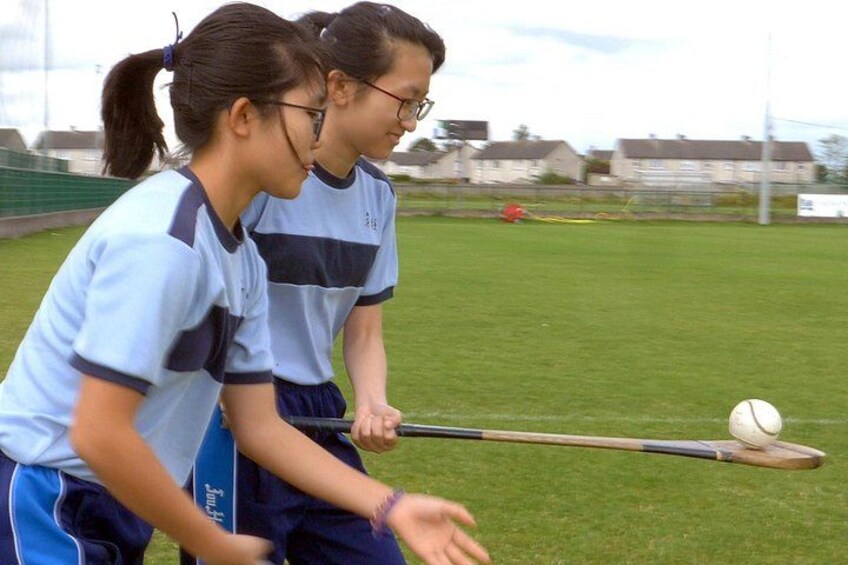 Two individuals playing cricket on a grassy field with houses in the background. 4