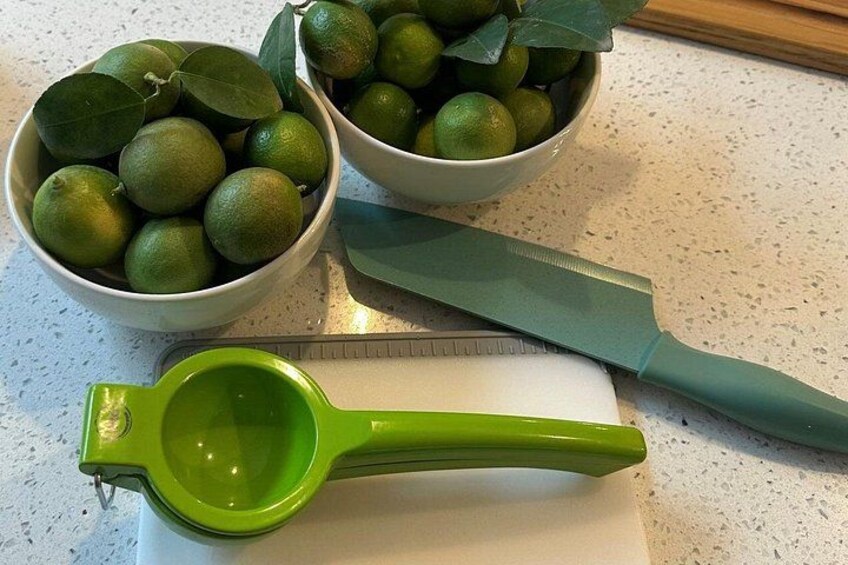 Dos tazones de limones, un vaso medidor verde y un cuchillo verde sobre una encimera. 5