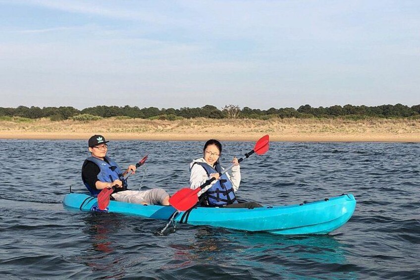 Two people kayaking on a calm body of water with a sandy beach and greenery in the background. 3