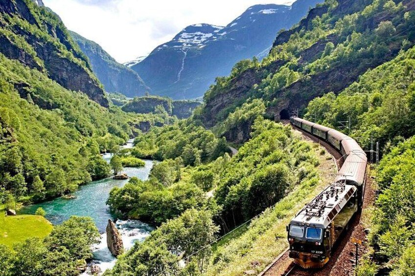 Un tren viaja por un exuberante valle verde con un río y montañas al fondo. 4