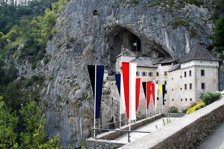 Un castello con bandiere, una scogliera rocciosa e vegetazione. 2