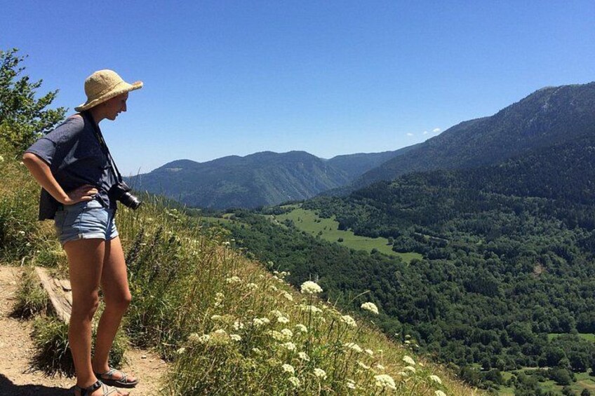 A person standing on a path overlooking a valley with mountains in the background. 2