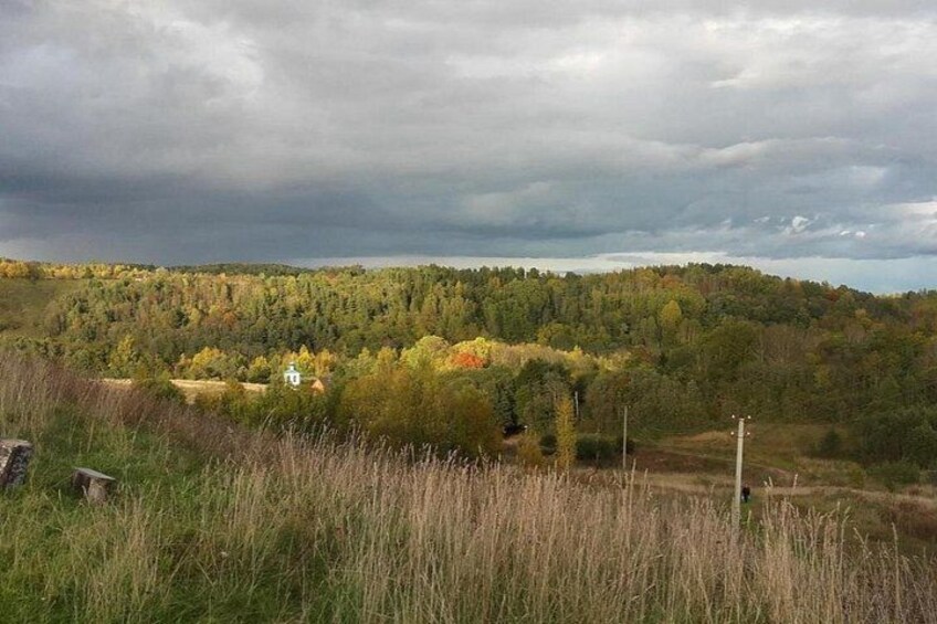 A rural landscape with a house, dense forest, and a cloudy sky. 1