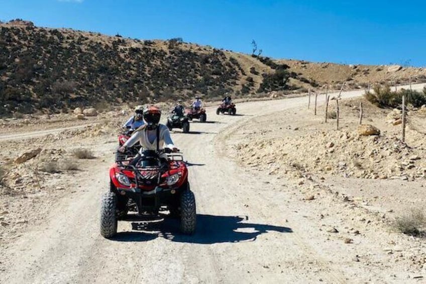 A group of people riding ATVs on a dirt road in a desert landscape. 3