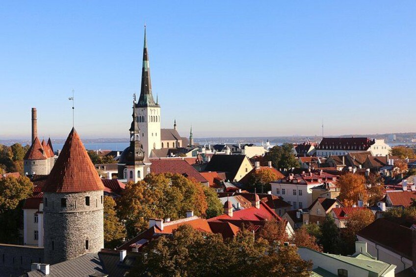 A historic town with a prominent church tower, a castle, and red-roofed buildings. 3