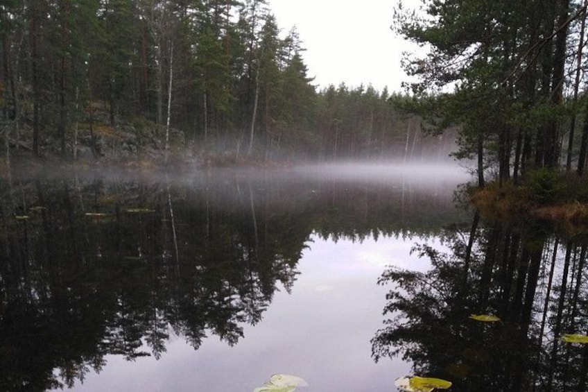 A calm lake surrounded by dense forest with mist rising from the water. 2