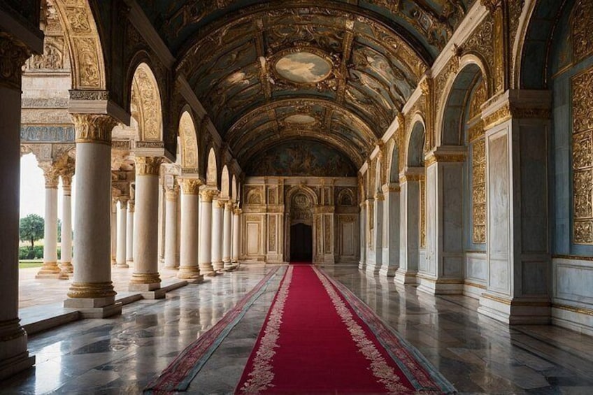 A grand hall with a red carpet, ornate columns, and a detailed ceiling. 3