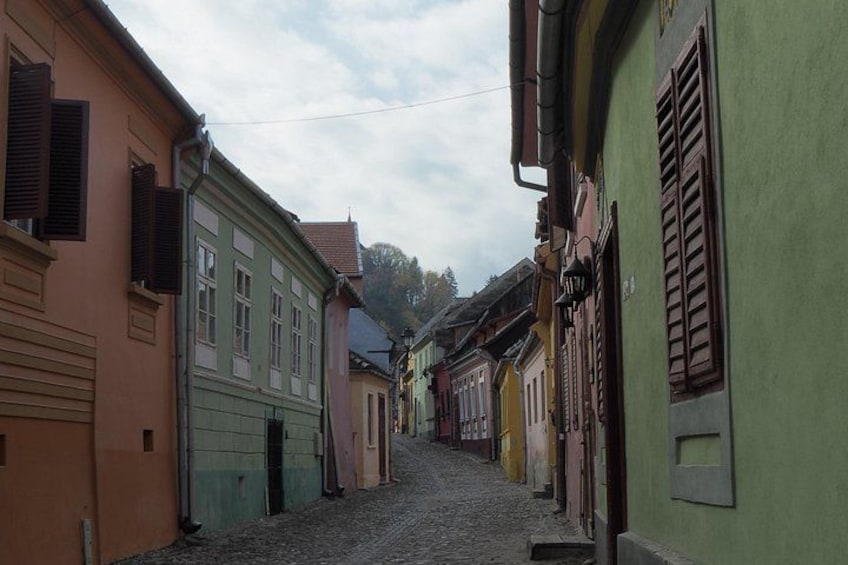 A cobblestone street lined with colorful buildings, a clear sky, and a distant hill. 4