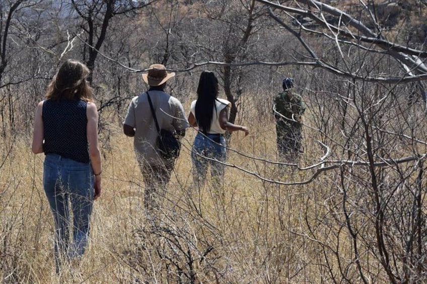 Three people walking through a dry, bushy area with sparse trees. 1