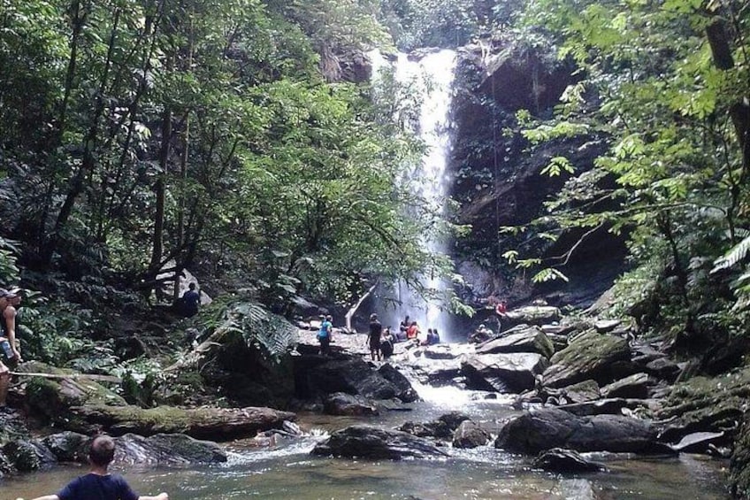 A waterfall in a forested area with people walking around. 4