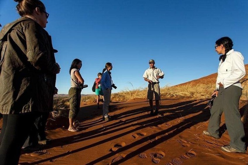 A group of people standing on a railway track in a desert landscape. 3
