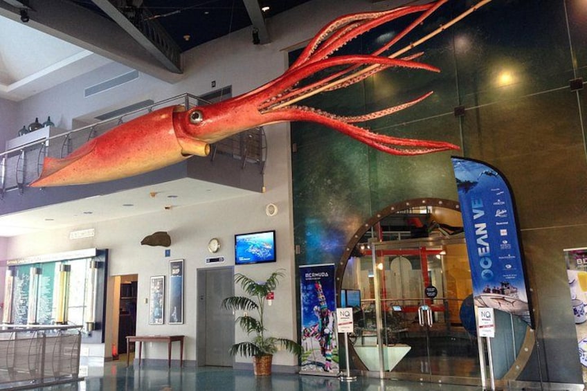 En stor blæksprutteskulptur i en lobby med et blåt banner med teksten 'OCEAN' og en glasklædt indgang. 1