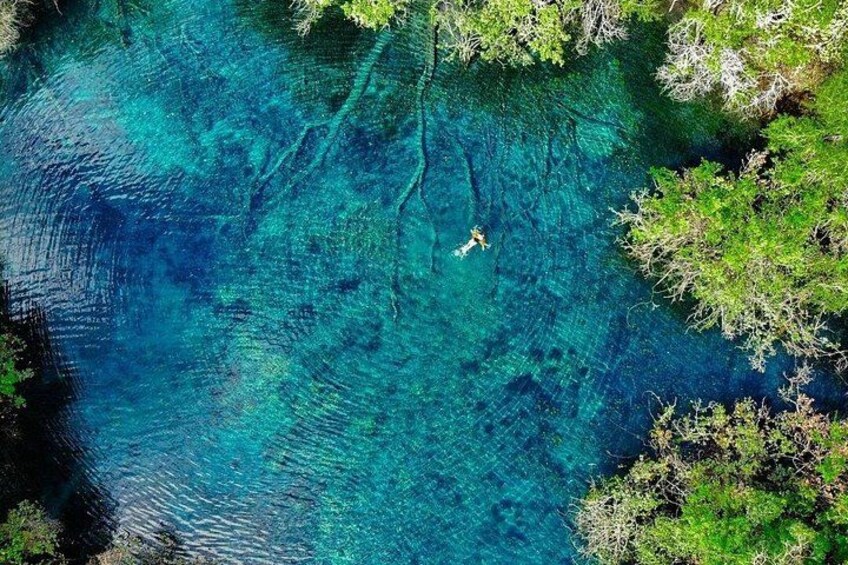 A clear blue water body surrounded by greenery. 1