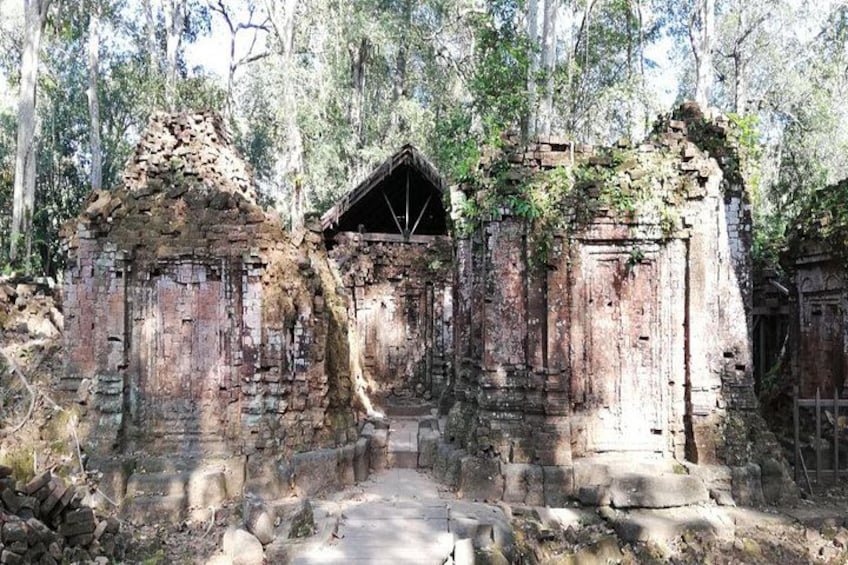 Ancient ruins with overgrown vegetation, a partially intact structure with a triangular roof, and a stone pathway leading through the site. 3